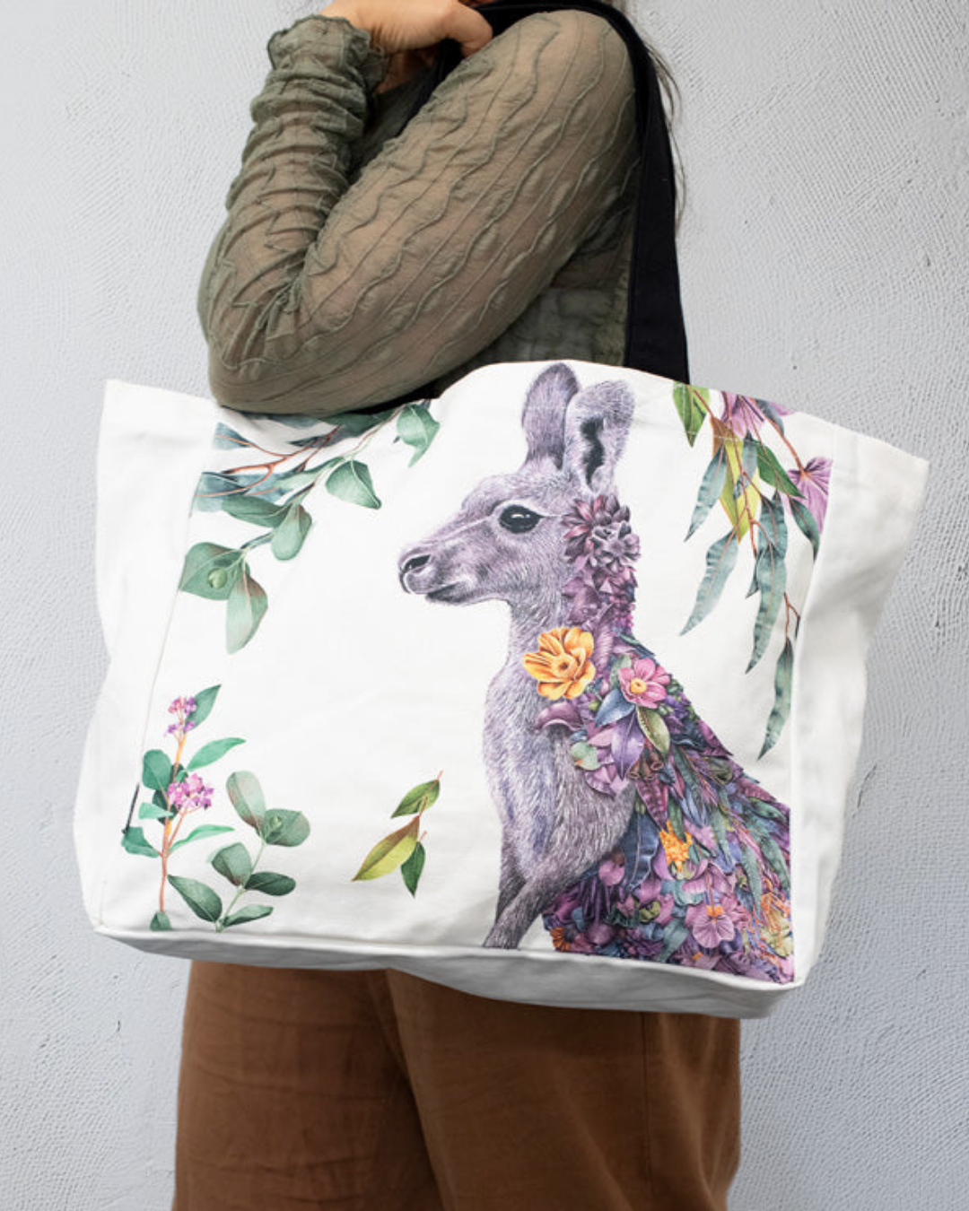 Grey Kangaroo Portrait Large Organic Cotton Canvas Tote Bag