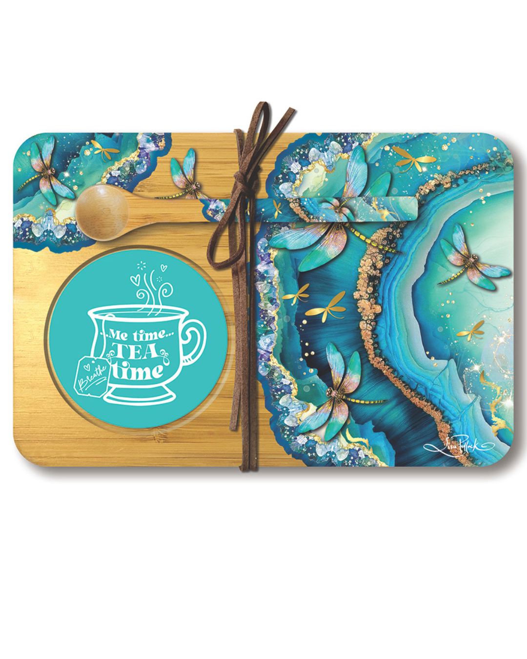 Bamboo Tea Tray With Spoon - Turquoise Dragonflies