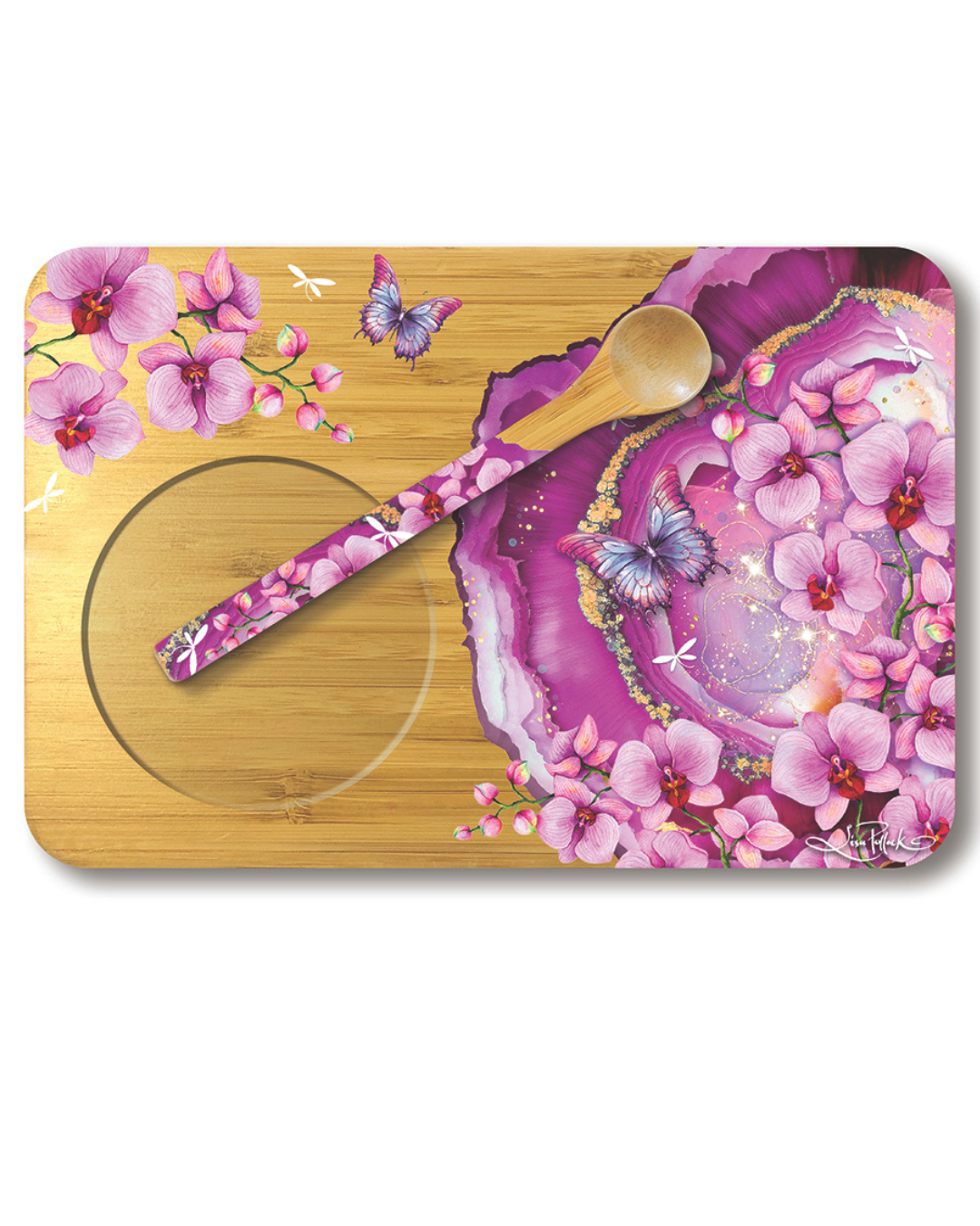 Bamboo Tea Tray With Spoon - Fuchsia Butterfly Orchids