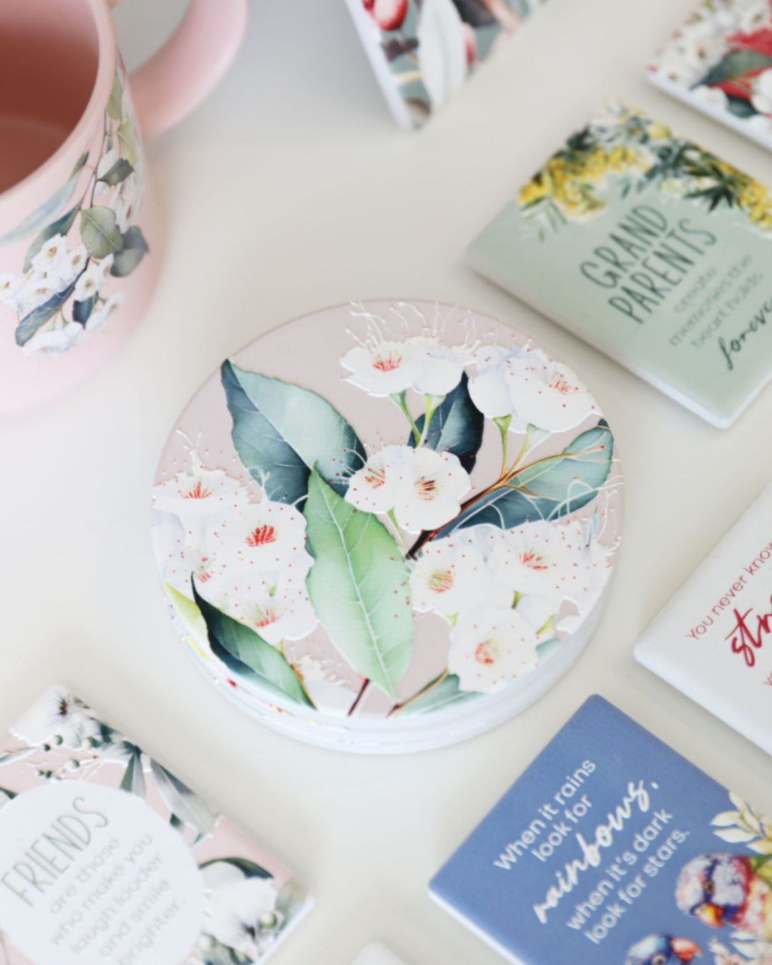 Native Blooms White Floral Ceramic Coaster